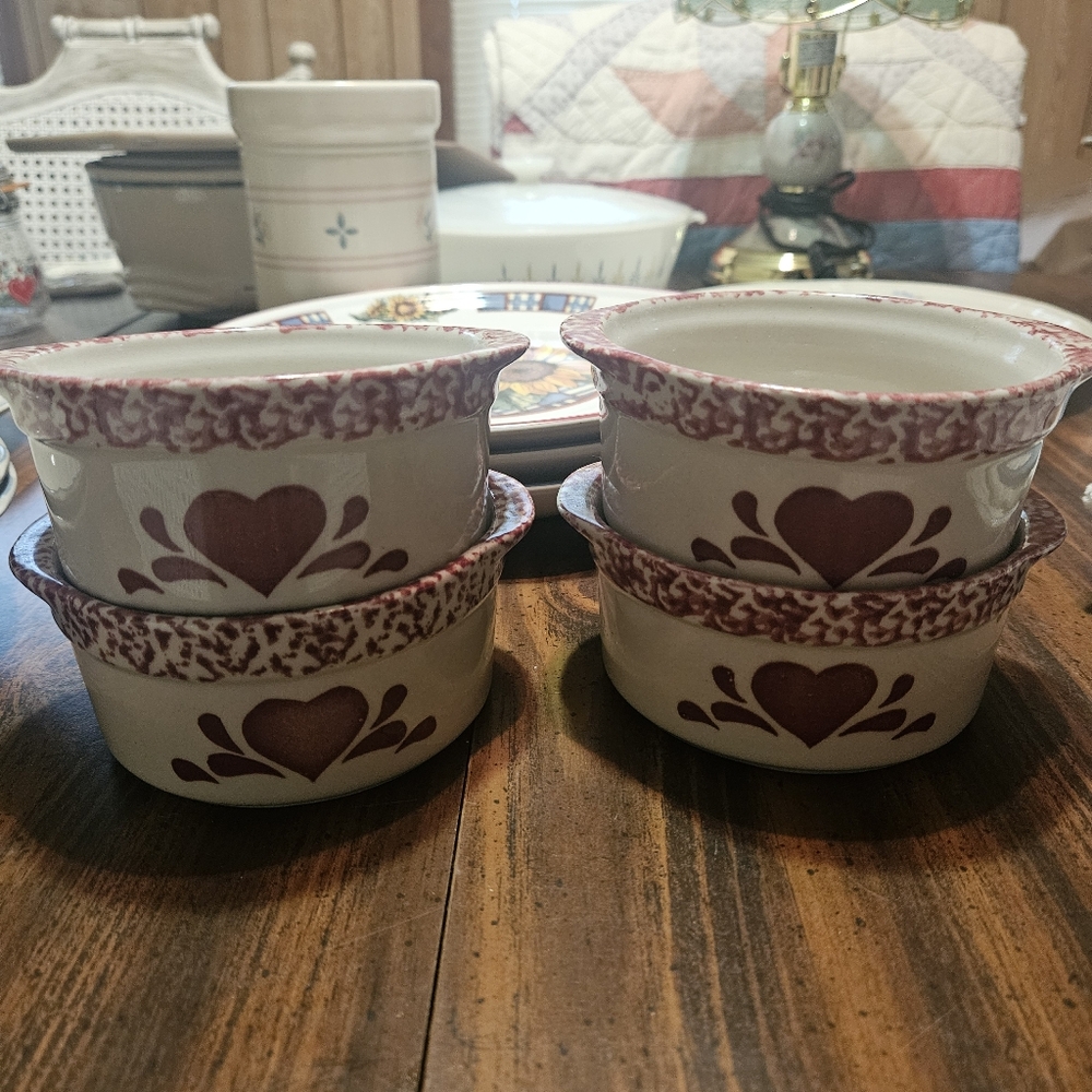Pink Heart Spongeware Pottery Mini Dishes